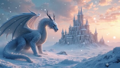 Naklejka premium White dragon sits on snowy ground near ice castle. Snowflakes fall during twilight in winter landscape. Fantasy creature guards frozen fortress under soft sky.