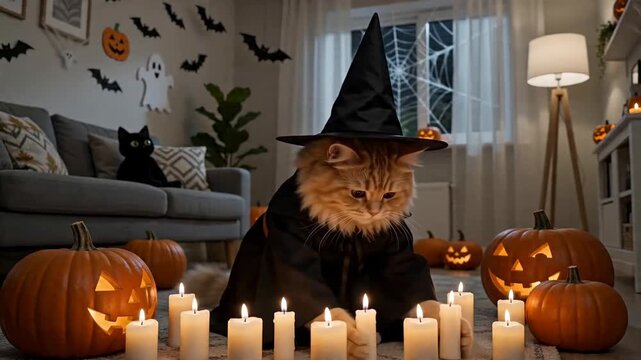 Ginger cat wearing witch hat and costume lighting candles for Halloween. Domestic fluffy kitten performing magic ritual in living room decorated with pumpkins, ghosts and bats for spooky autumn