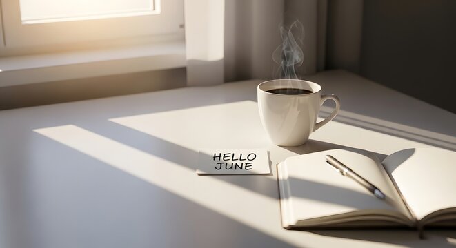Hello June Greeting on Workspace Desk with Steaming Coffee and Notebook