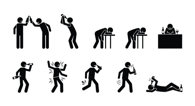 Stick figure icons depicting various stages of alcohol intoxication and its consequences
