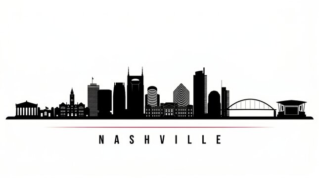A horizontal banner showcasing the Nashville skyline, depicted as a black-and-white silhouette of Nashville, Tennessee, presented as a vector template for design use.