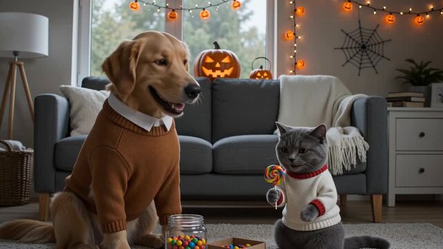 Golden retriever dog and kitten sharing lollipop at home during halloween. Anthropomorphic dog and cat pets wearing sweaters celebrate holiday with candy treats in decorated cozy living room interior