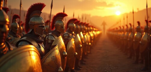 Obraz premium Golden armored soldiers form ranks at sunset. Warriors with spears and shields stand in formation. Sunlight reflects off armor. Ready for ancient battle. Military discipline.