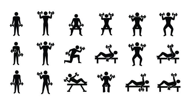 Collection of stick figures demonstrating various dumbbell weightlifting exercises for fitness and strength training