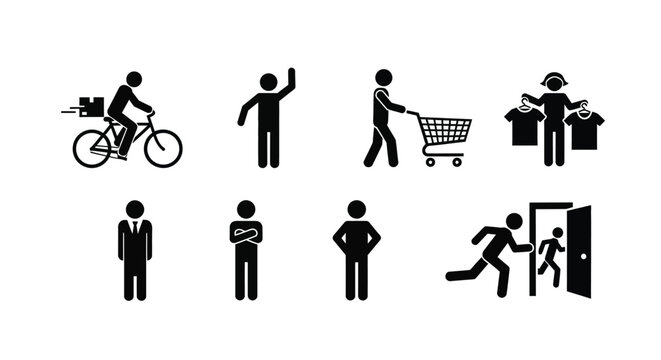 A collection of simple stick figure icons representing various human activities and actions