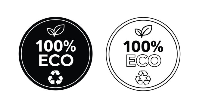 Eco label with leaf and recycle symbol black and white
