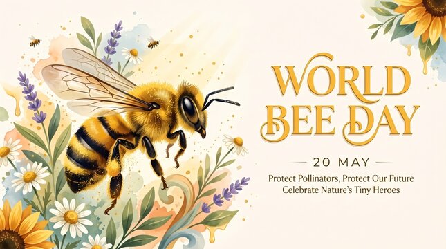 Hand Painted World Bee Day Poster with Wildflowers and Bee