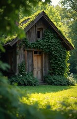 Naklejka premium Old wooden house with green ivy climbing walls and roof. Rich green grass surrounds the rustic cabin in sunlight. Nature reclaims abandoned cottage, creating an eco-friendly scene.