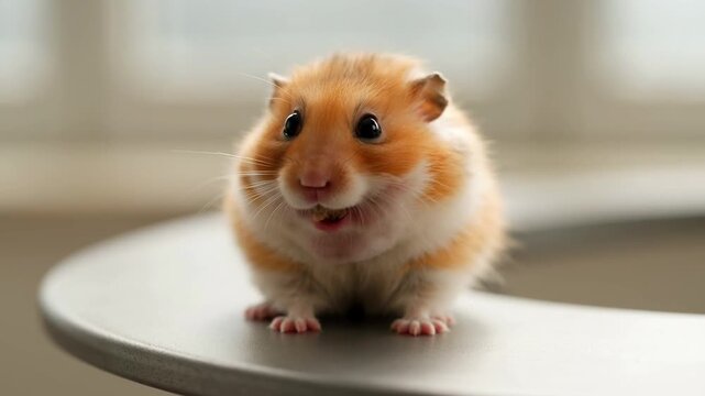 Adorable ginger hamster face eating a treat on a white table