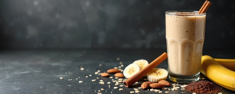 Creamy banana almond smoothie with cinnamon stick and oats on dark background. Healthy breakfast drink with fruit, nuts, and spices. Refreshing, wholesome refreshment.