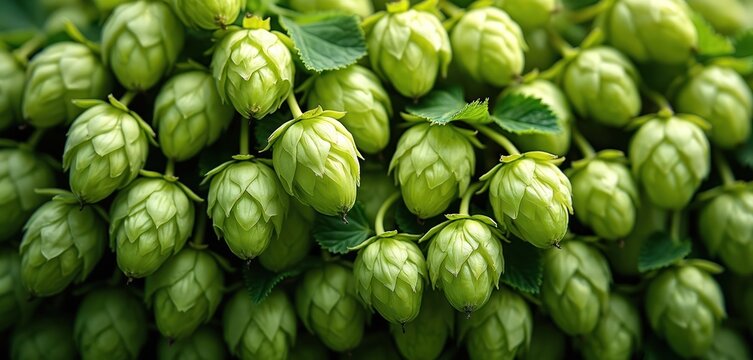 Green hop cones grow on vine in garden. Plant used for beer brewing. Healthy natural agriculture for beverage making. Botanical harvest detail.
