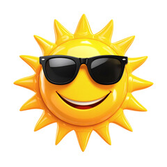 Vibrant 3d rendered illustration of a cheerful yellow sun character proudly sporting cool black sunglasses, smiling widely, radiating warmth and happiness  © devdesignnotes