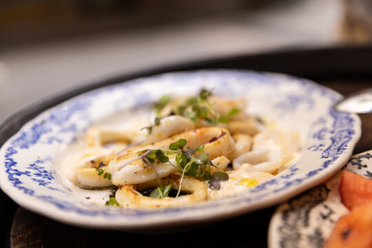dish of Catalonian squid with house made aioli, squid ink, and micro greens on traditional ceramic plate