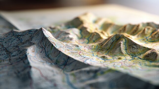 Detailed textured topographic map with contour lines showing elevation and terrain features in a softly lit environment for outdoor navigation and hiking planning