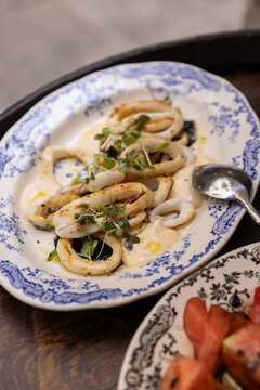 dish of Catalonian squid with house made aioli, squid ink, and micro greens on traditional ceramic plate