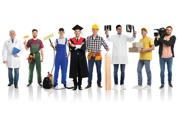 Fototapeta premium Graduate student and men of various occupations on white background. Choice of profession