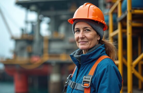 Female oil rig worker smiles confidently wearing orange helmet and blue uniform with safety harness. She stands on offshore platform with industrial equipment background.