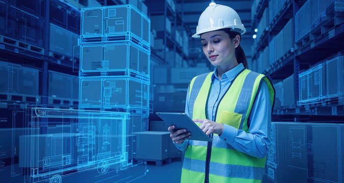 female warehouse worker in safety vest and hard hat holding digital tablet near cargo boxes. The style of the blue print drawing is future, in blue colors.
