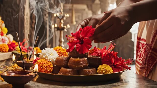 Traditional Indian religious ceremony with offerings, flowers and prayers in a serene temple