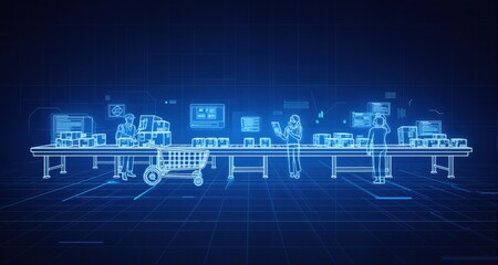 Fototapeta premium Dropshipping, order fulfillment line icon. The style of the blue print drawing is future, in blue colors. 