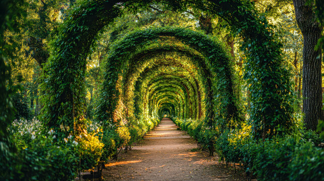 Pathway through a lush green arched tunnel of intertwined vines and trees in a sunlit garden creating a peaceful natural walkway full of vibrant foliage and light
