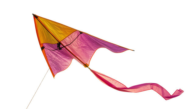 Isolated vibrant colorful kite with flowing pink and orange tail against a clear backdrop