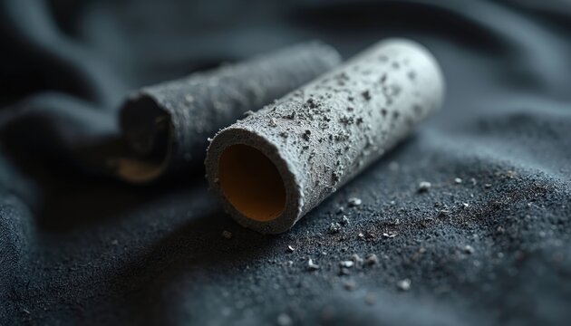 Used lint roller covered in dirt and debris sits on dark fabric. Close-up view shows sticky adhesive surface with collected fuzz and particles. Tool for garment care and home hygiene.