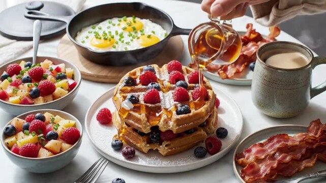 Delicious complete breakfast featuring a hand pouring maple syrup over a stack of fresh belgian waffles with berries, accompanied by fried eggs, bacon, coffee, and fruit salad on a table