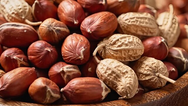 Closeup view of a pile of raw hazelnuts and peanuts in shells.