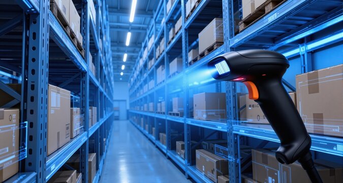 Handheld barcode scanner scanning cardboard box on tall metal shelving units in warehouse aisle. The style of the blue print drawing is future, in blue colors.
