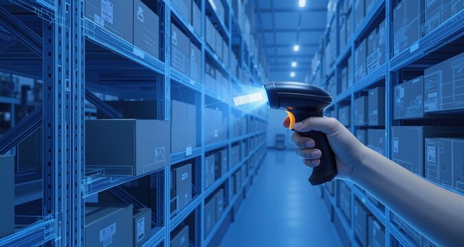 Handheld barcode scanner scanning cardboard box on tall metal shelving units in warehouse aisle. The style of the blue print drawing is future, in blue colors.
