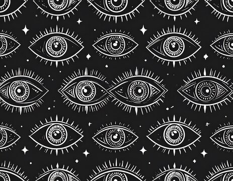 Repeating pattern of stylized eyes against a dark background