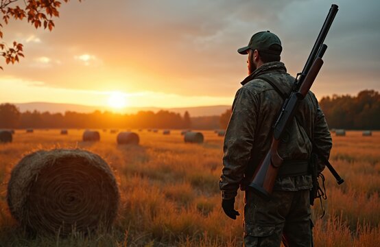 Man hunter with rifle in camouflage outfit stands in autumn field with hay bales at sunset. He looks towards distant treeline scanning for game during open hunting season.