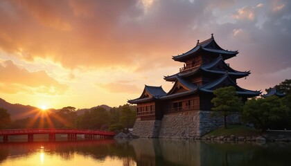 Obraz premium Japanese castle with red bridge at sunset over water. Traditional architecture, historic landmark, serene landscape, dramatic sky, peaceful scene.
