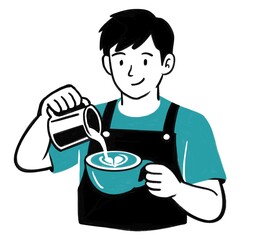 Minimalist illustration of male barista pouring milk into coffee cup with latte art, modern flat editorial style, young man preparing cappuccino in cafe, coffee shop lifestyle concept
