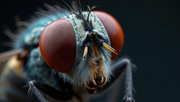 Extreme macro view of a carrion fly, focusing on its large compound eyes and fuzzy texture. The insect shows intricate details of its head and mouthparts. Its body is colored blue and green.