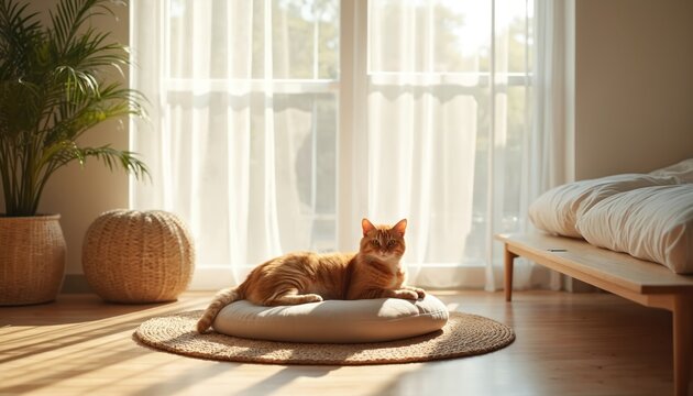 Orange cat rests on cushion near window. Sunlight streams into minimalist room, highlighting neutral tones and a plush plant. Cozy pet is relaxed indoors.