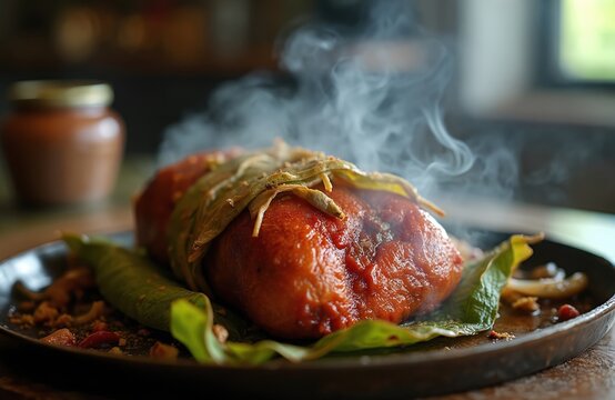 Hot cochinita pibil meat parcel steams, wrapped in banana leaves. Red achiote sauce covers pork. Served on rustic plate with garnishes. Traditional Mayan food.