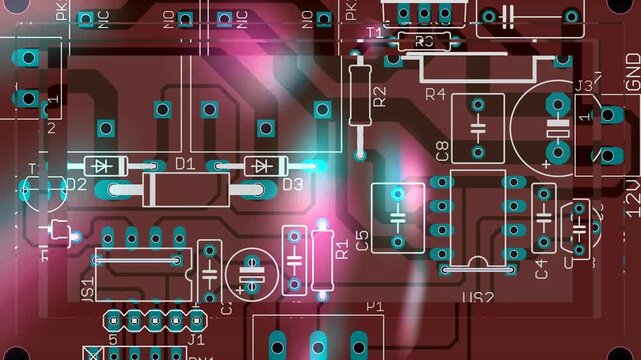 Video animation with 
printed circuit board of electronic 
device with components of radio elements, 
conductors, contact pads on pcb. 
Animated effect, screensaver.
Engineering technic drawing.