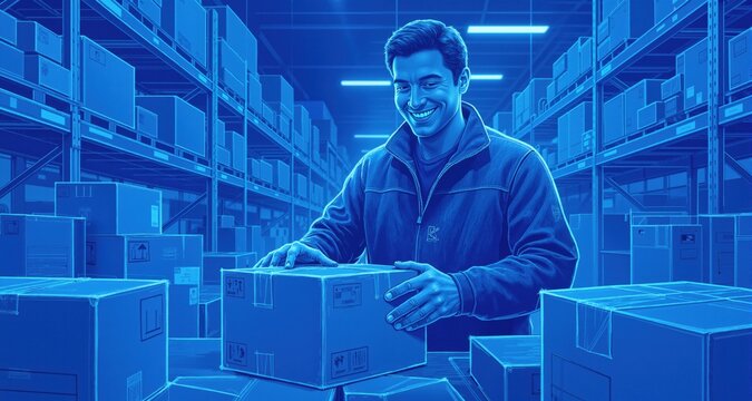 A logistics warehouse worker checking the order of the stored boxes. The style of the blue print drawing is future, in blue colors.

