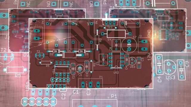 Video animation with 
printed circuit board of electronic 
device with components of radio elements, 
conductors, contact pads on pcb. 
Animated effect, screensaver.
Engineering technic drawing.