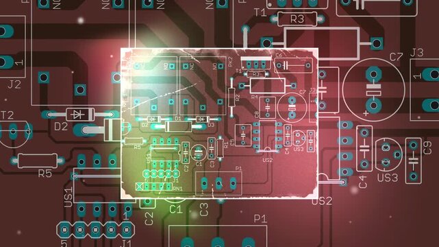 Video animation with 
printed circuit board of electronic 
device with components of radio elements, 
conductors, contact pads on pcb. 
Animated effect, screensaver.
Engineering technic drawing.