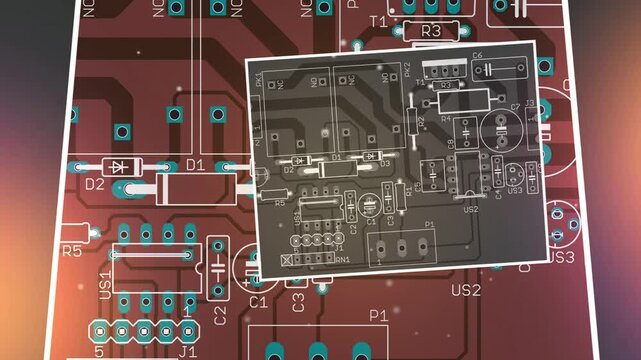 Video animation with 
printed circuit board of electronic 
device with components of radio elements, 
conductors, contact pads on pcb. 
Animated effect, screensaver.
Engineering technic drawing.
