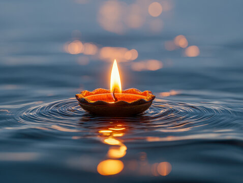Traditional floating candle with gently flickering flame creating warm reflections on the calm water surface during evening lights and ripples