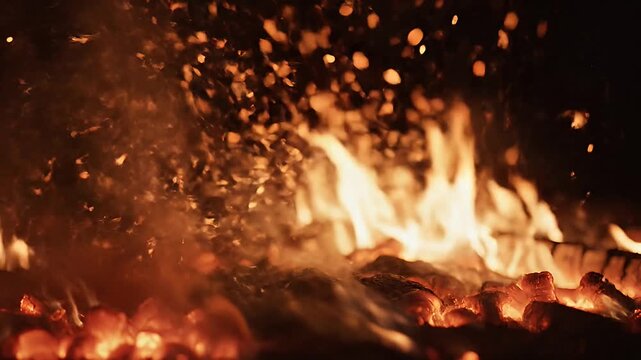 Intense fire burning on wooden logs with bright sparks
