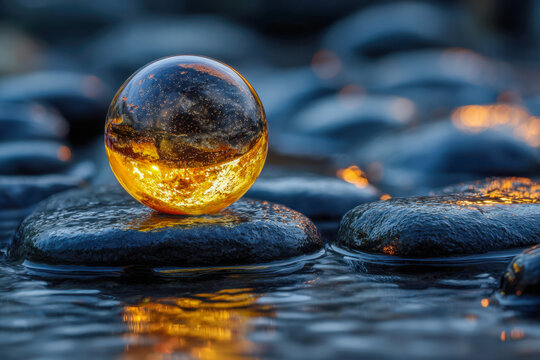 A glowing amber sphere resting on smooth wet stones with reflected golden light creating a tranquil and captivating natural scene by the water surface