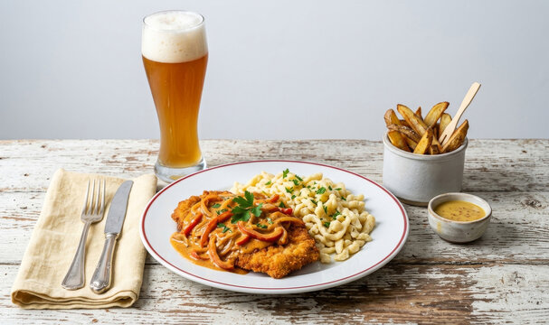 Pork schnitzel with paprika sauce accompanied by Sp&auml;tzle, served with craft wheat beer and fries on a rustic wooden table