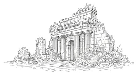 Fototapeta premium Ancient temple illustration with detailed architecture and surrounding foliage
