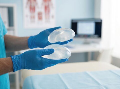 A medical professional wearing blue gloves holds two silicone breast implants in a clinic. Concept of cosmetic surgery and medical technology.