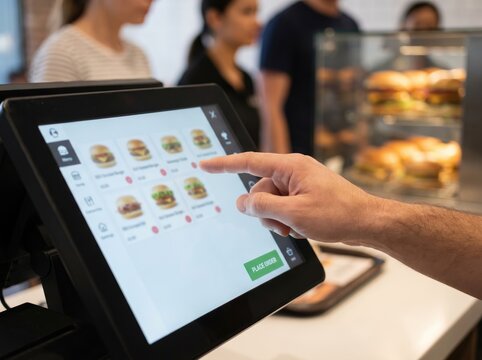 A person is using a touchscreen self-service kiosk to order food at a fast food restaurant. Concept of digital ordering and quick service.